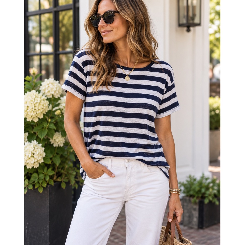 J.Crew T-Shirt Striped 100% Linen Nautical Casual Navy White Small NWT